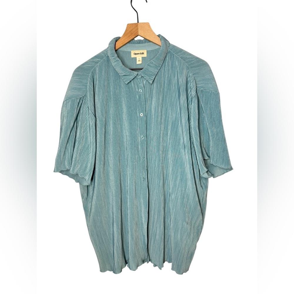 Open Edit Women’s Aqua Blue Satin Plisse Lettuce Hem Pajama Top Sz L